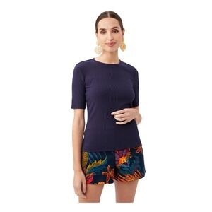 Trina Turk Vivika 2 Crewneck Ribbed Knit Top Navy, small, classic, polished
